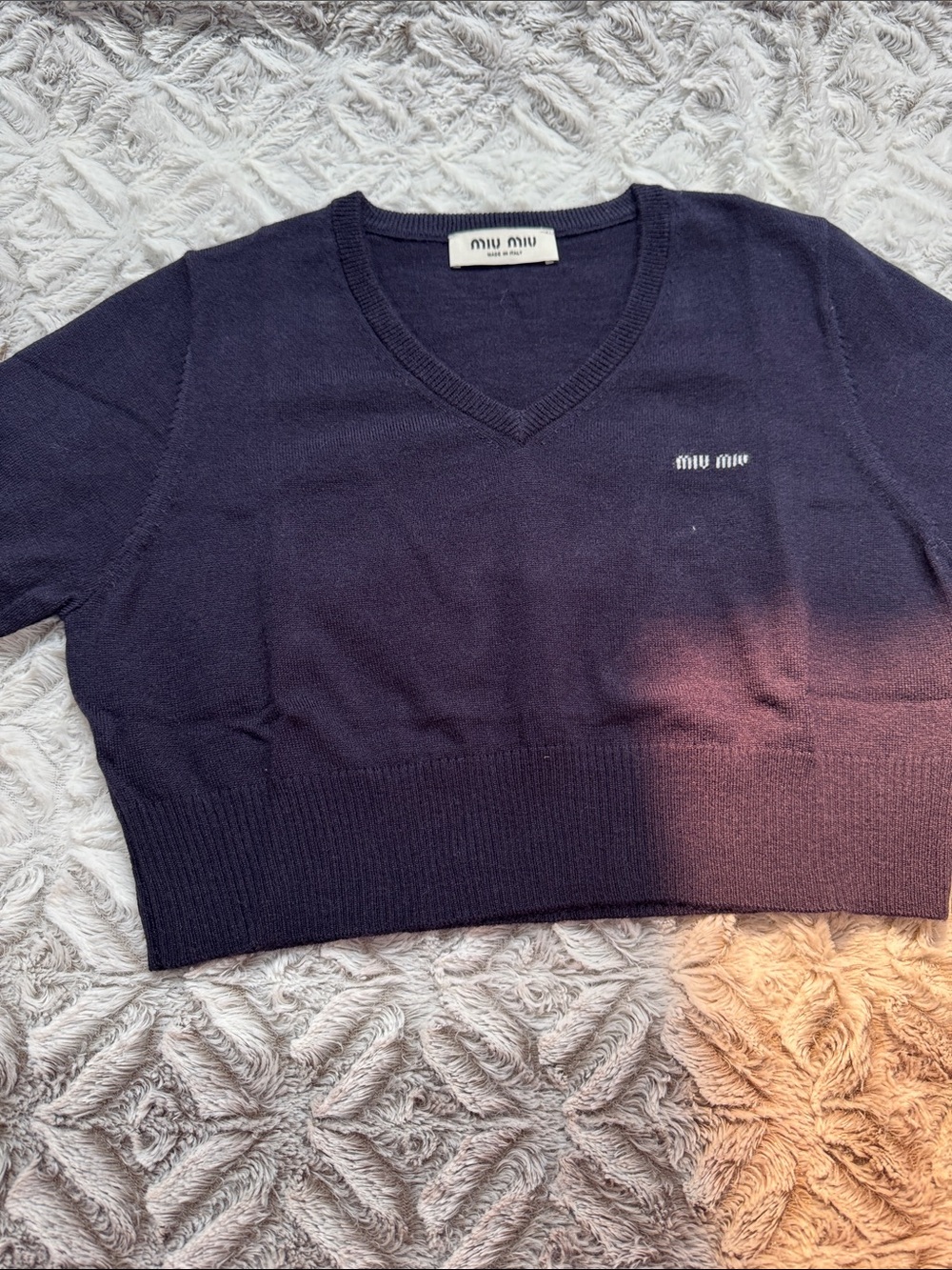 Miu Miu Dark Navy V-Neck Cropped Knit Pullover